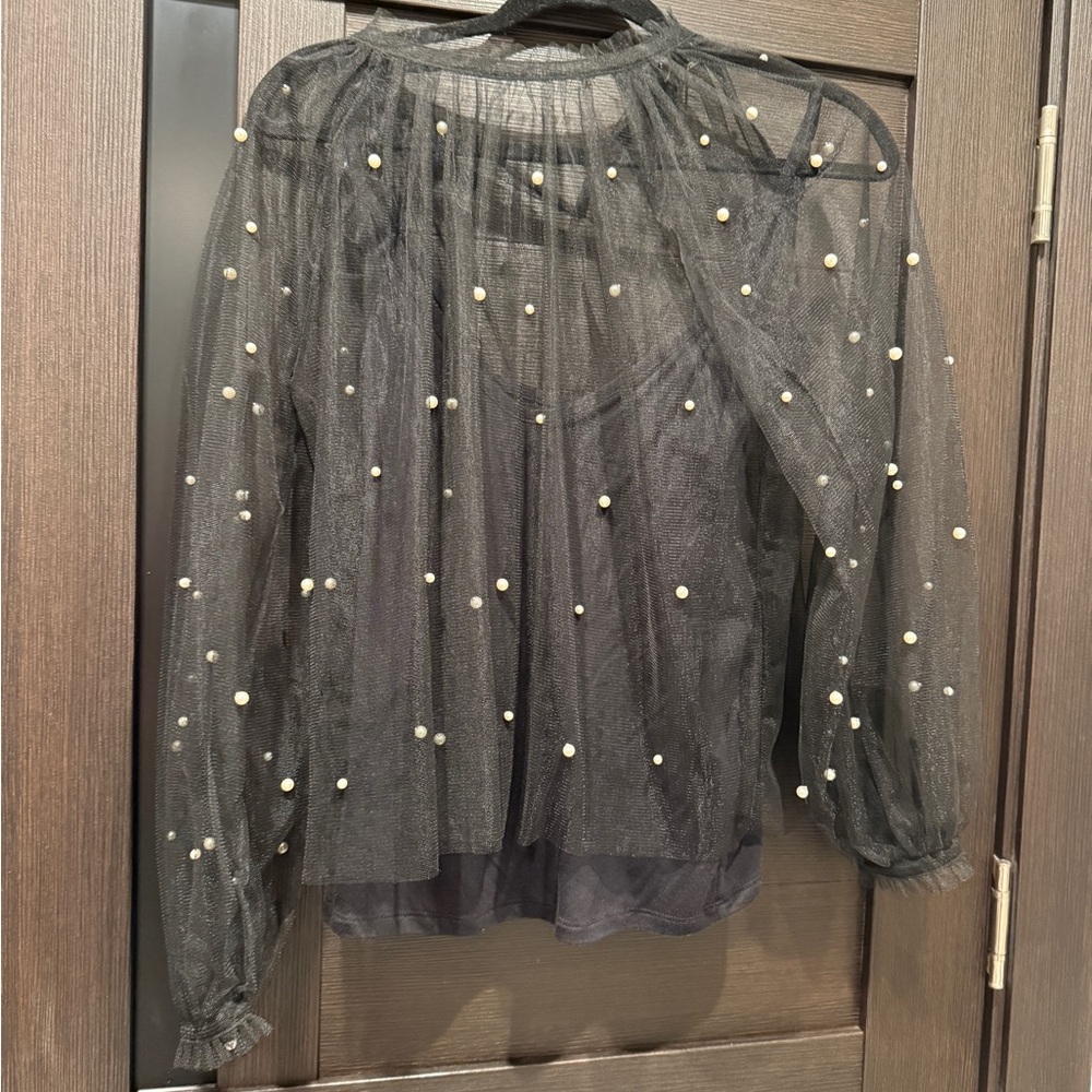Elegant Black Sheer Top with Pearl Embellishments